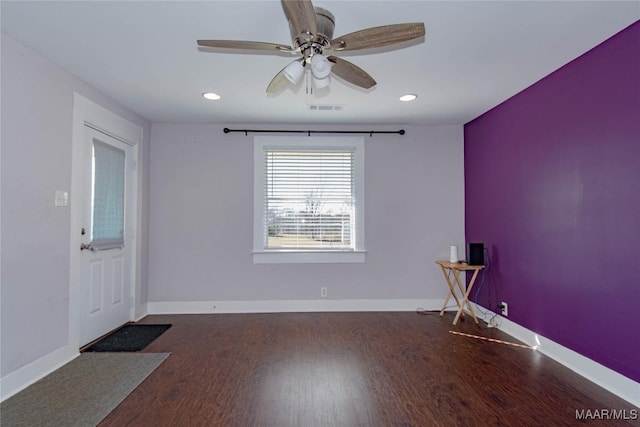 25882 Troy Hwy, Grady, AL 36036 - spare room featuring visible vents, ceiling fan, baseboards, recessed lighting, and wood finished floors