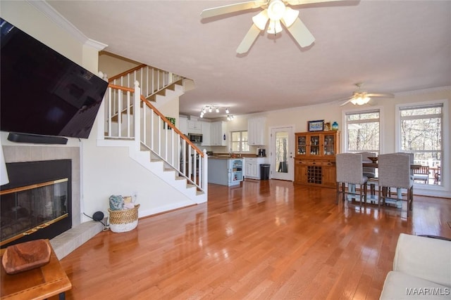 74 Lake Point Dr, Jacksons Gap, AL 36861 - living area featuring light wood-style flooring, stairs, a ceiling fan, and ornamental molding