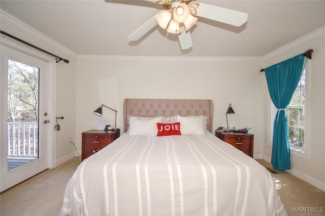 74 Lake Point Dr, Jacksons Gap, AL 36861 - bedroom with access to exterior, crown molding, light colored carpet, and ceiling fan