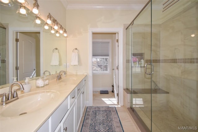 74 Lake Point Dr, Jacksons Gap, AL 36861 - full bathroom with double vanity, a shower stall, crown molding, and a sink