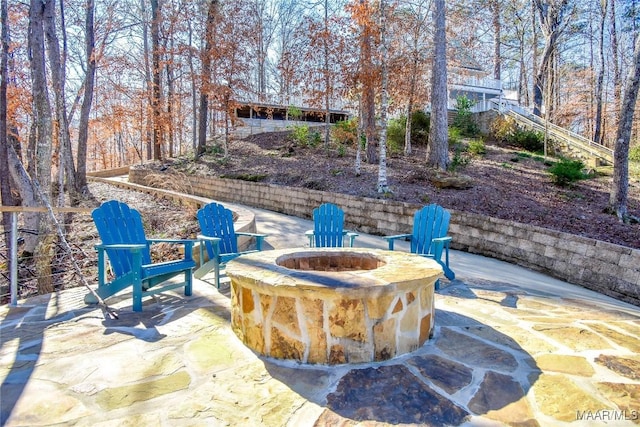 74 Lake Point Dr, Jacksons Gap, AL 36861 - view of patio / terrace with stairway and an outdoor fire pit
