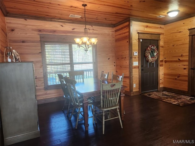 2085 Robinson Pond Rd, Prattville, AL 36067 - dining space with dark wood-style floors, visible vents, wood ceiling, and an inviting chandelier