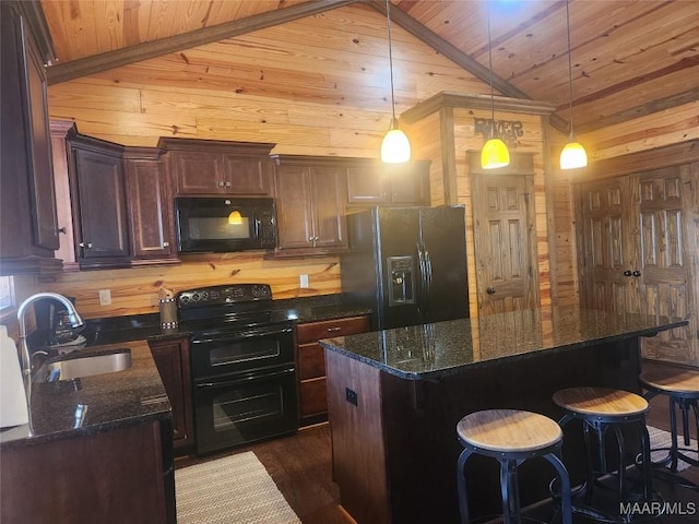 2085 Robinson Pond Rd, Prattville, AL 36067 - kitchen with a sink, wooden walls, black appliances, and wooden ceiling