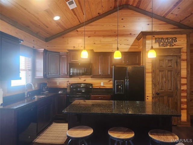 2085 Robinson Pond Rd, Prattville, AL 36067 - kitchen featuring wooden walls, visible vents, wood ceiling, black appliances, and a sink