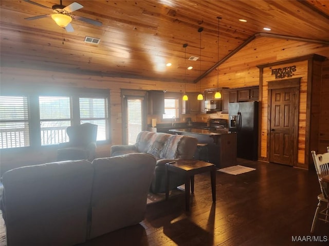 2085 Robinson Pond Rd, Prattville, AL 36067 - living room featuring visible vents, dark wood finished floors, wood walls, wooden ceiling, and ceiling fan
