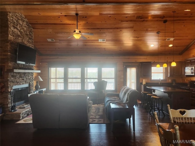 2085 Robinson Pond Rd, Prattville, AL 36067 - living area with wood ceiling, visible vents, a ceiling fan, and lofted ceiling