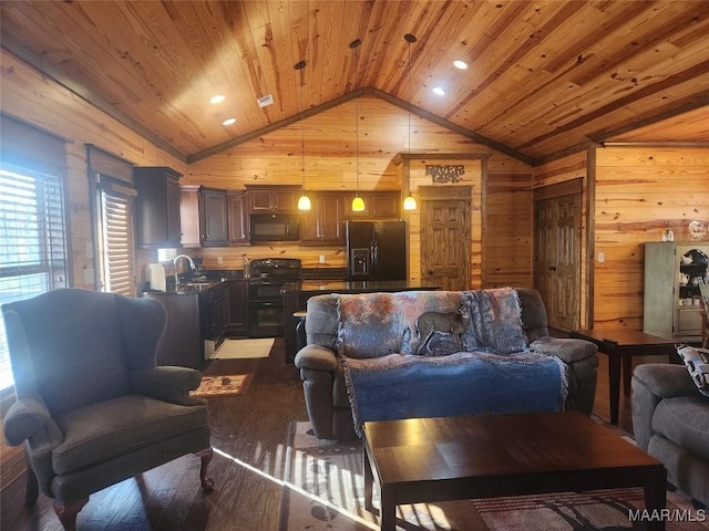 2085 Robinson Pond Rd, Prattville, AL 36067 - living room with dark wood finished floors, wooden walls, wooden ceiling, and lofted ceiling