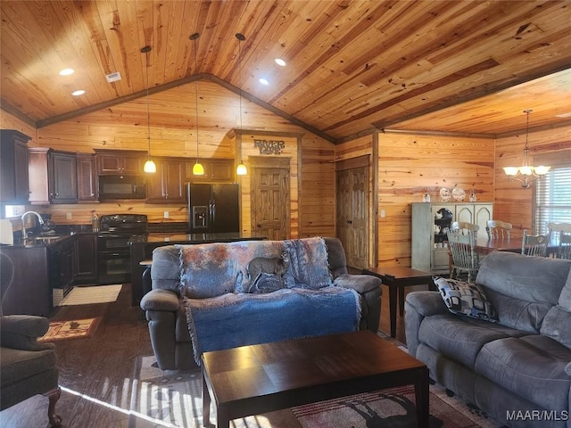2085 Robinson Pond Rd, Prattville, AL 36067 - living area featuring high vaulted ceiling, a notable chandelier, dark wood-style floors, wooden walls, and wood ceiling