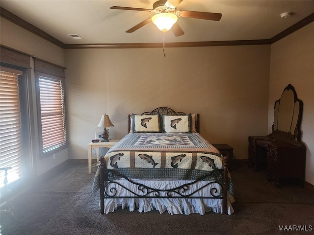 2085 Robinson Pond Rd, Prattville, AL 36067 - carpeted bedroom with visible vents, crown molding, and ceiling fan