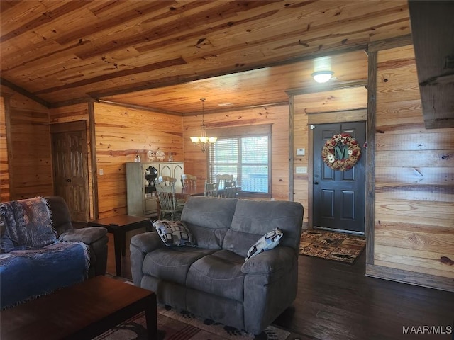 2085 Robinson Pond Rd, Prattville, AL 36067 - living room featuring wooden ceiling, wooden walls, a notable chandelier, and dark wood-style floors