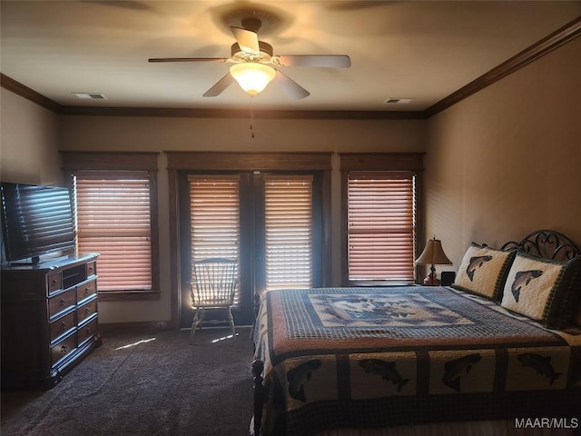 2085 Robinson Pond Rd, Prattville, AL 36067 - bedroom with crown molding, a ceiling fan, visible vents, and dark colored carpet
