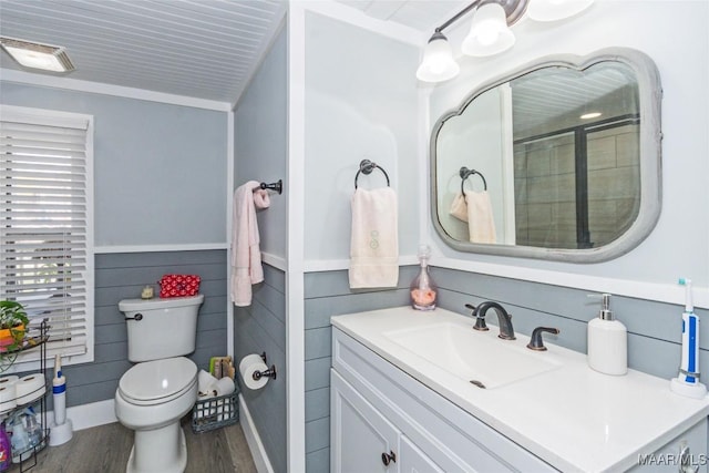 100 Royal Dr, Equality, AL 36026 - bathroom with wainscoting, toilet, vanity, and wood finished floors