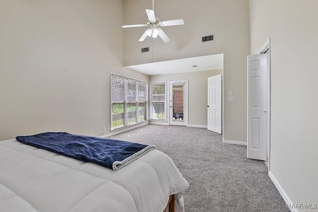 6528 Enfield Mews, Montgomery, AL 36117 - carpeted bedroom featuring visible vents, a ceiling fan, baseboards, and a towering ceiling