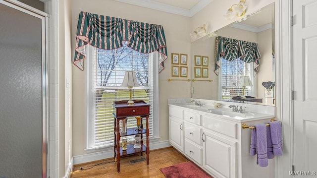 bathroom with wood finished floors, baseboards, double vanity, a sink, and crown molding