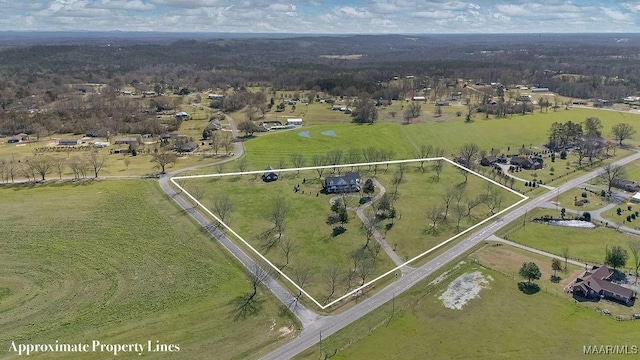 birds eye view of property featuring a rural view