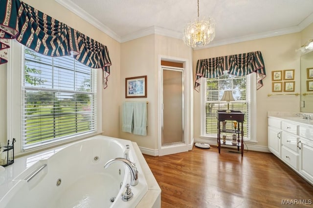 13650 County Road 29th Rd, Clanton, AL 35045 - bathroom with a chandelier, plenty of natural light, wood finished floors, a tub with jets, and ornamental molding