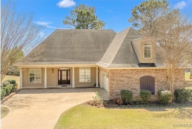 view of front facade featuring a shingled roof, an attached garage, concrete driveway, brick siding, and a front lawn