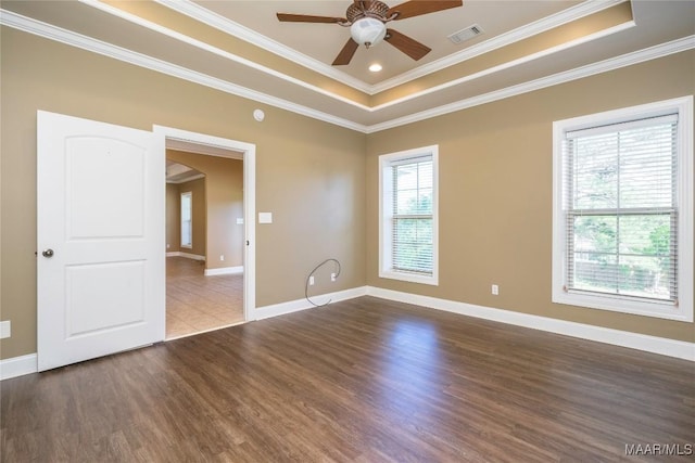 1605 Guiding Way Ln, Prattville, AL 36067 - empty room with a ceiling fan, a raised ceiling, crown molding, wood finished floors, and baseboards