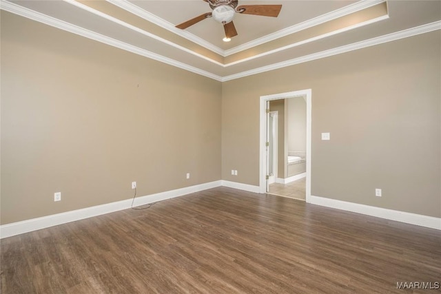 1605 Guiding Way Ln, Prattville, AL 36067 - empty room featuring a tray ceiling, a ceiling fan, wood finished floors, ornamental molding, and baseboards