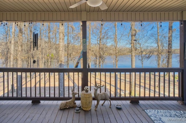 deck with a water view and a ceiling fan