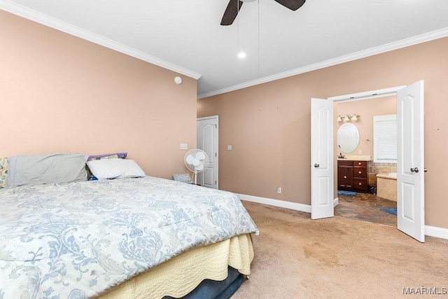 bedroom with crown molding, a ceiling fan, baseboards, and light carpet