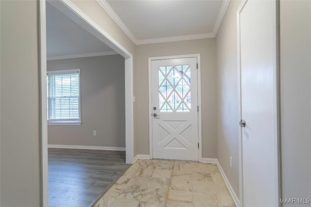 3740 Fieldcrest Dr, Montgomery, AL 36111 - entryway with ornamental molding, baseboards, and marble look tile flooring