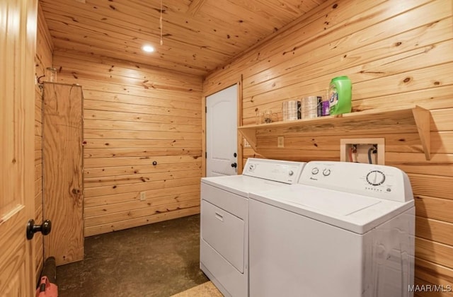 14291 Redland Rd, Tallassee, AL 36078 - laundry room featuring wood ceiling, washer and dryer, laundry area, and wooden walls