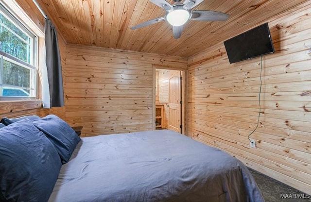 14291 Redland Rd, Tallassee, AL 36078 - bedroom with a ceiling fan, wooden ceiling, and wood walls