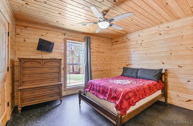 14291 Redland Rd, Tallassee, AL 36078 - bedroom with multiple windows, wooden walls, wooden ceiling, and a ceiling fan