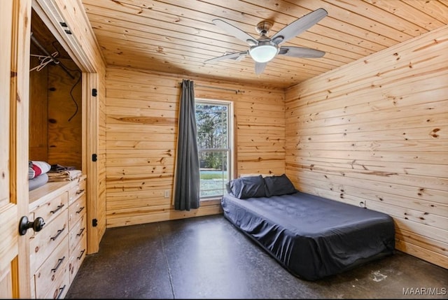 14291 Redland Rd, Tallassee, AL 36078 - bedroom featuring concrete floors, wood walls, wood ceiling, and a ceiling fan