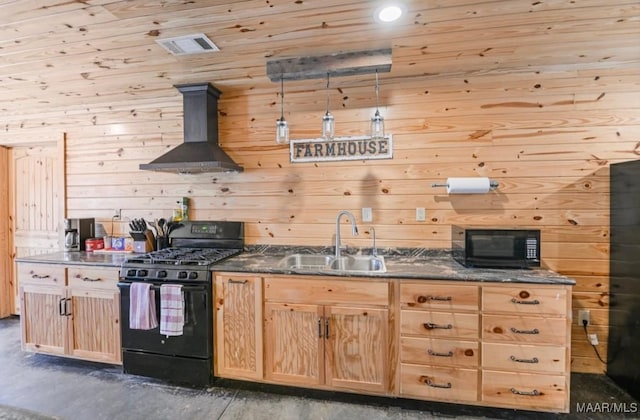 14291 Redland Rd, Tallassee, AL 36078 - kitchen featuring dark countertops, light brown cabinets, a sink, exhaust hood, and black appliances