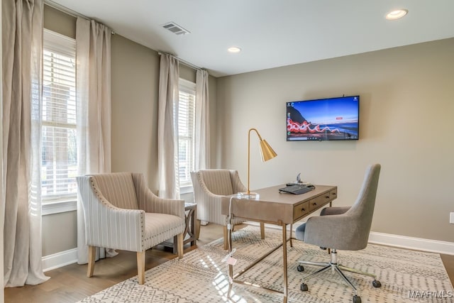 101 Ananias St, Troy, AL 36079 - home office featuring baseboards, visible vents, light wood-style flooring, and recessed lighting