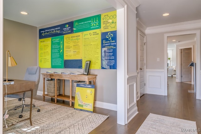 101 Ananias St, Troy, AL 36079 - office area featuring a decorative wall, wainscoting, ornamental molding, and wood finished floors