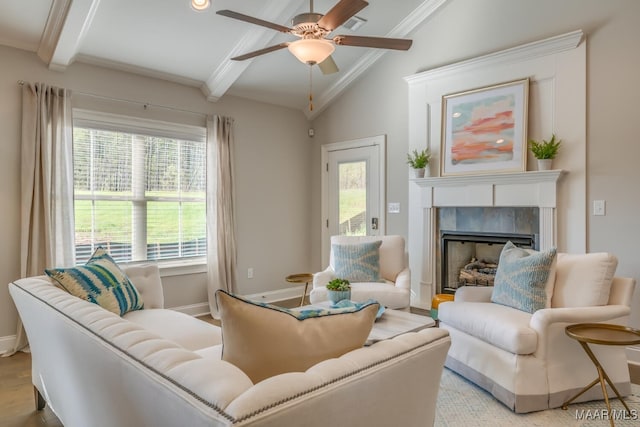 101 Ananias St, Troy, AL 36079 - living room with a ceiling fan, vaulted ceiling with beams, a fireplace, baseboards, and ornamental molding