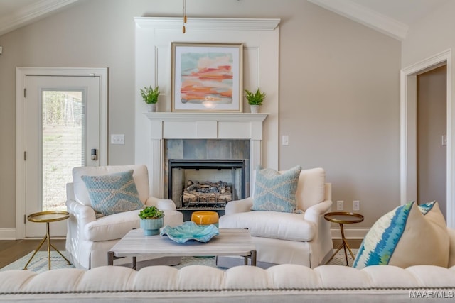 101 Ananias St, Troy, AL 36079 - living room featuring baseboards, lofted ceiling, a fireplace, and wood finished floors