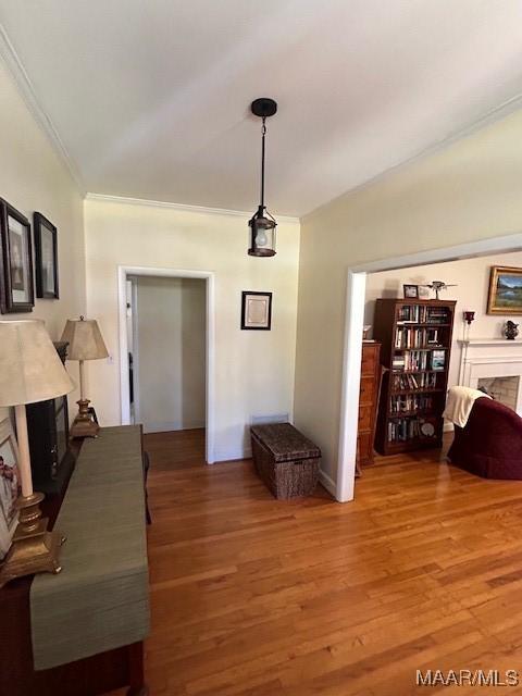 interior space featuring a fireplace, light wood-style flooring, and ornamental molding