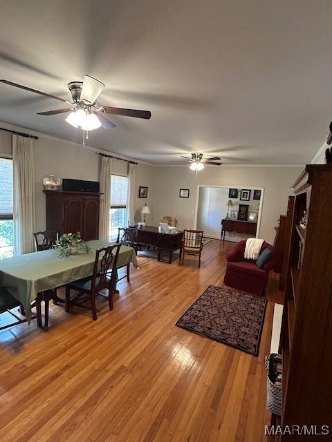 living room featuring plenty of natural light, light wood-type flooring, crown molding, and a ceiling fan