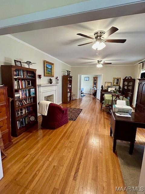 living area with light wood finished floors, a fireplace, ornamental molding, and a ceiling fan