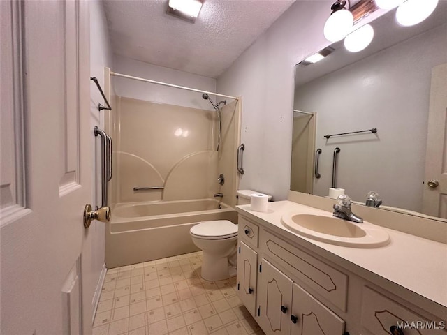 bathroom featuring vanity, toilet, a textured ceiling, tile patterned floors, and shower / bathtub combination