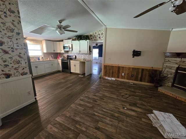 kitchen featuring dark wood-type flooring, ceiling fan, wainscoting, and appliances with stainless steel finishes
