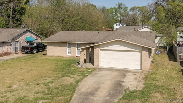 ranch-style house featuring roof with shingles, concrete driveway, brick siding, a garage, and a front yard