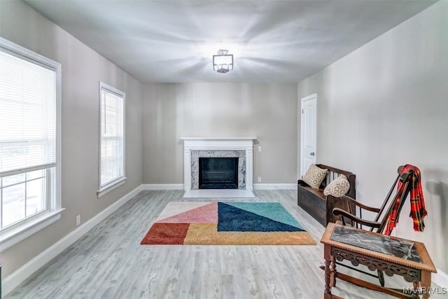 living area featuring baseboards, a premium fireplace, and wood finished floors