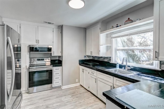 kitchen with dark countertops, white cabinets, visible vents, appliances with stainless steel finishes, and a sink