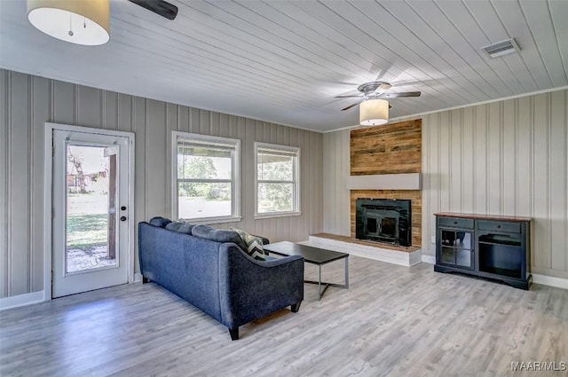 living room with wood ceiling, wood finished floors, ceiling fan, and visible vents