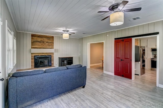 living room with visible vents, light wood-type flooring, a ceiling fan, and wood ceiling