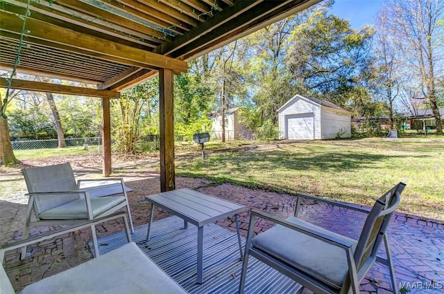 view of patio with an outbuilding, a fenced backyard, a garage, and a shed