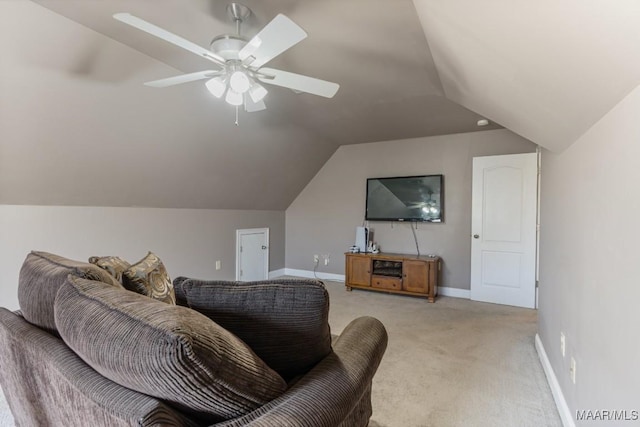 bedroom with baseboards, ceiling fan, lofted ceiling, and light carpet