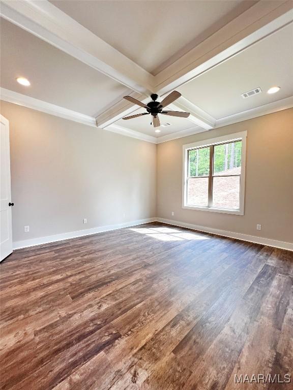 228 Mountain Laurel Rdg, Wetumpka, AL 36093 - unfurnished room featuring a ceiling fan, baseboards, dark wood-type flooring, and coffered ceiling