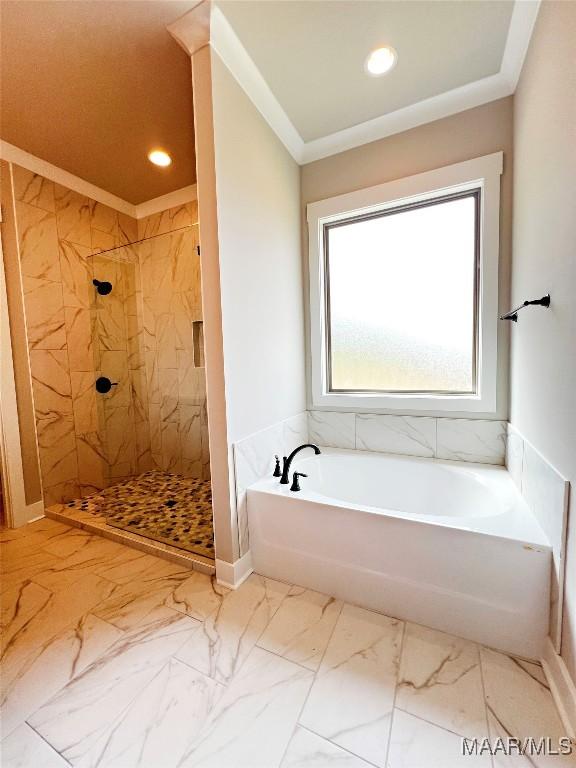 228 Mountain Laurel Rdg, Wetumpka, AL 36093 - bathroom featuring a garden tub, marble finish floor, recessed lighting, and a shower stall