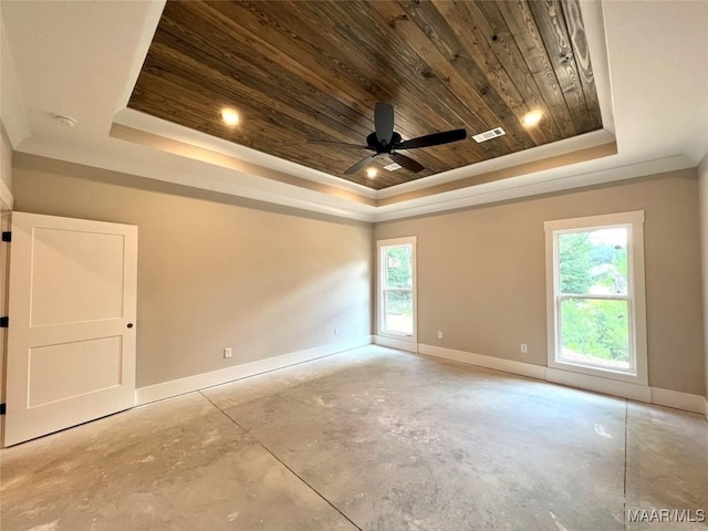 1150 Southern Hills Dr, Wetumpka, AL 36093 - unfurnished room featuring a tray ceiling, wood ceiling, concrete flooring, a ceiling fan, and a smoke detector